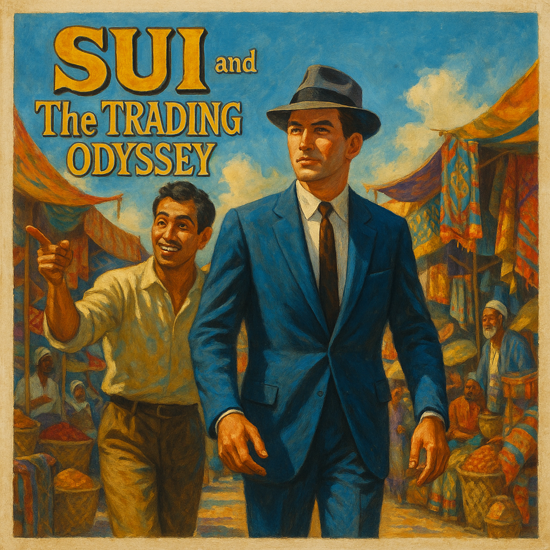 Vintage movie poster for "SUI and The Trading Odyssey", showcasing a SUI trading competition on Cube Exchange, exuding excitement and potential. Vintage movie poster for "SUI and The Trading Odyssey", showcasing a SUI trading competition on Cube Exchange, exuding excitement and potential.