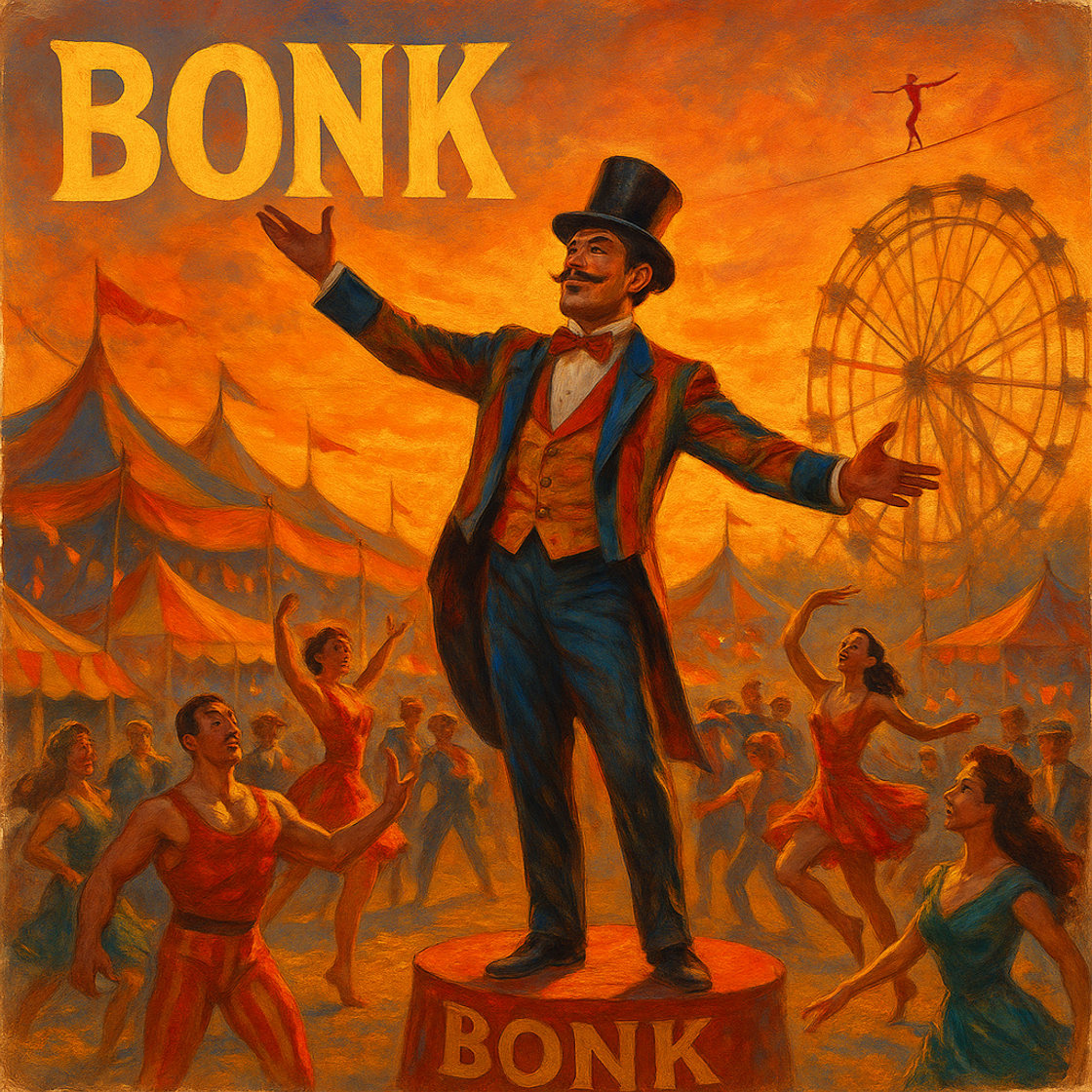 BONK trading competition on Cube Exchange, vintage carnival poster style, exuberant celebration scene. BONK trading competition on Cube Exchange, vintage carnival poster style, exuberant celebration scene.