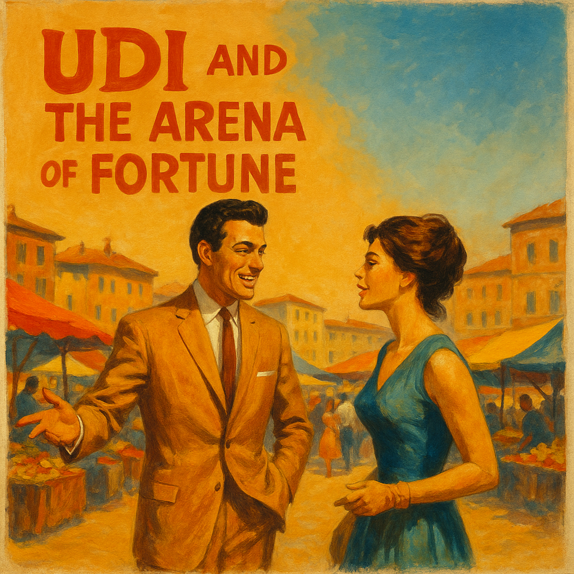 Vintage movie poster for "UDI and The Arena of Fortune", showcasing UDI trading competition excitement on Cube Exchange. Vintage movie poster for "UDI and The Arena of Fortune", showcasing UDI trading competition excitement on Cube Exchange.