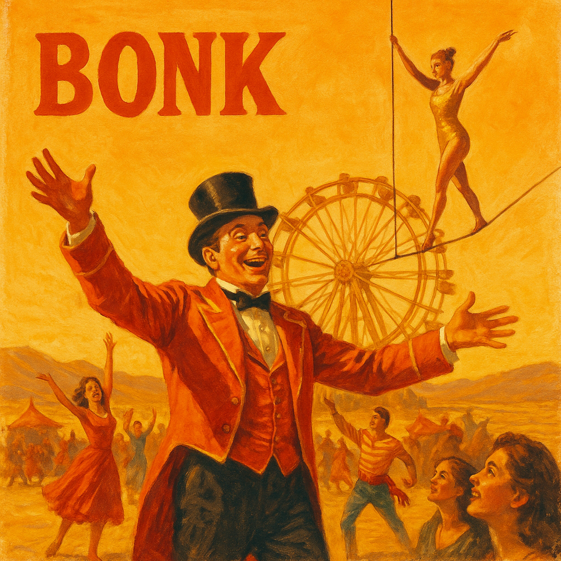 BONK trading competition on Cube Exchange, vintage movie poster style, jubilant atmosphere, capturing the thrill of crypto trading. BONK trading competition on Cube Exchange, vintage movie poster style, jubilant atmosphere, capturing the thrill of crypto trading.