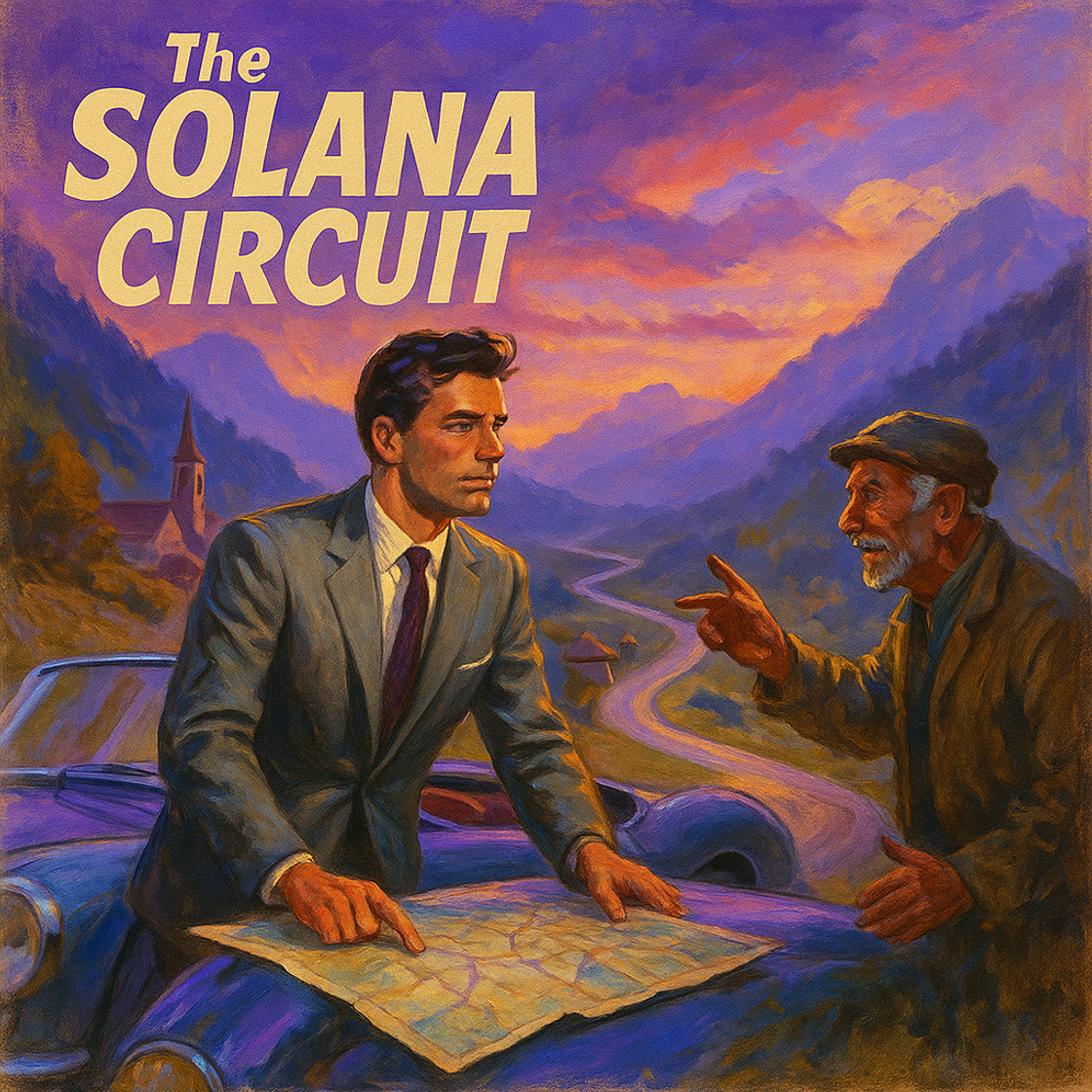 Vintage racing film poster for "The SOLANA Circuit" trading competition on Cube Exchange, showcasing thrilling energy and dynamic pursuit. Vintage racing film poster for "The SOLANA Circuit" trading competition on Cube Exchange, showcasing thrilling energy and dynamic pursuit.