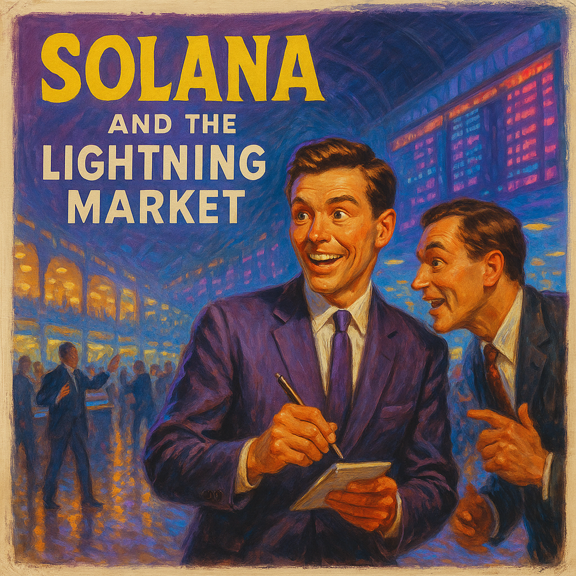 Vintage movie poster for "SOLANA and the Lightning Market" showcasing SOL trading competition on Cube Exchange in a thrilling futuristic scene. Vintage movie poster for "SOLANA and the Lightning Market" showcasing SOL trading competition on Cube Exchange in a thrilling futuristic scene.