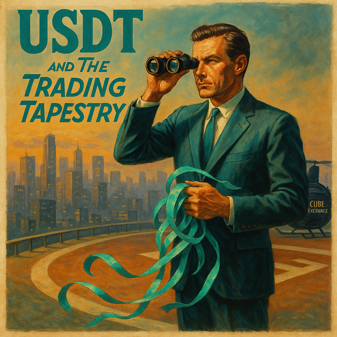 Vintage movie poster for "USDT and The Trading Tapestry" showcasing a trading competition on Cube Exchange in a bustling financial metropolis. Vintage movie poster for "USDT and The Trading Tapestry" showcasing a trading competition on Cube Exchange in a bustling financial metropolis.
