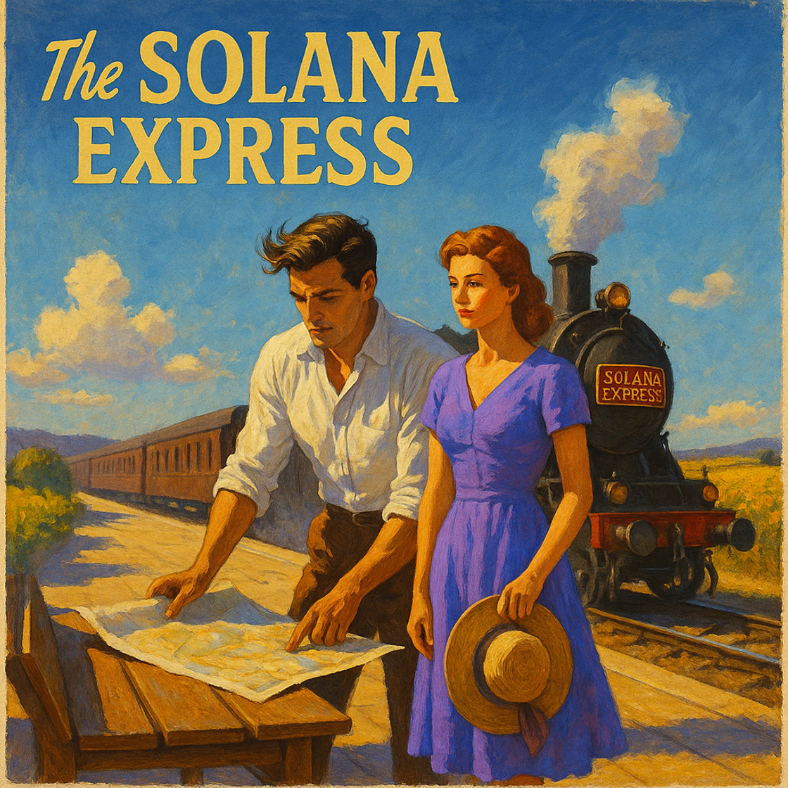 Vintage movie poster of "The SOLANA Express" showcasing an electrifying racing scene for the SOL trading competition on Cube Exchange. Vintage movie poster of "The SOLANA Express" showcasing an electrifying racing scene for the SOL trading competition on Cube Exchange.