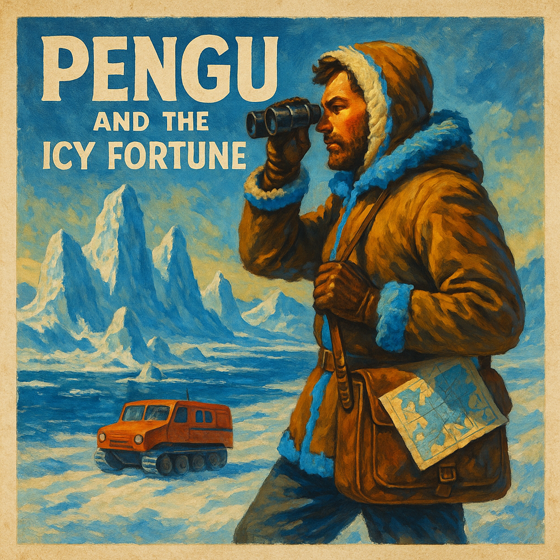 Vintage movie poster for "PENGU and the Icy Fortune" showcasing PENGU trading competition on Cube Exchange, highlighting adventure and triumph. Vintage movie poster for "PENGU and the Icy Fortune" showcasing PENGU trading competition on Cube Exchange, highlighting adventure and triumph.