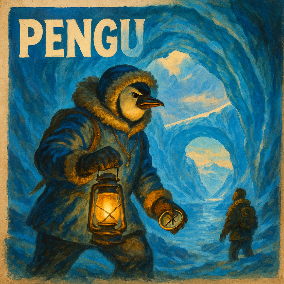 Vintage movie poster for "PENGU and The Icy Conquest" promoting PENGU trading competition on Cube Exchange, showcasing arctic exploration adventure. Vintage movie poster for "PENGU and The Icy Conquest" promoting PENGU trading competition on Cube Exchange, showcasing arctic exploration adventure.
