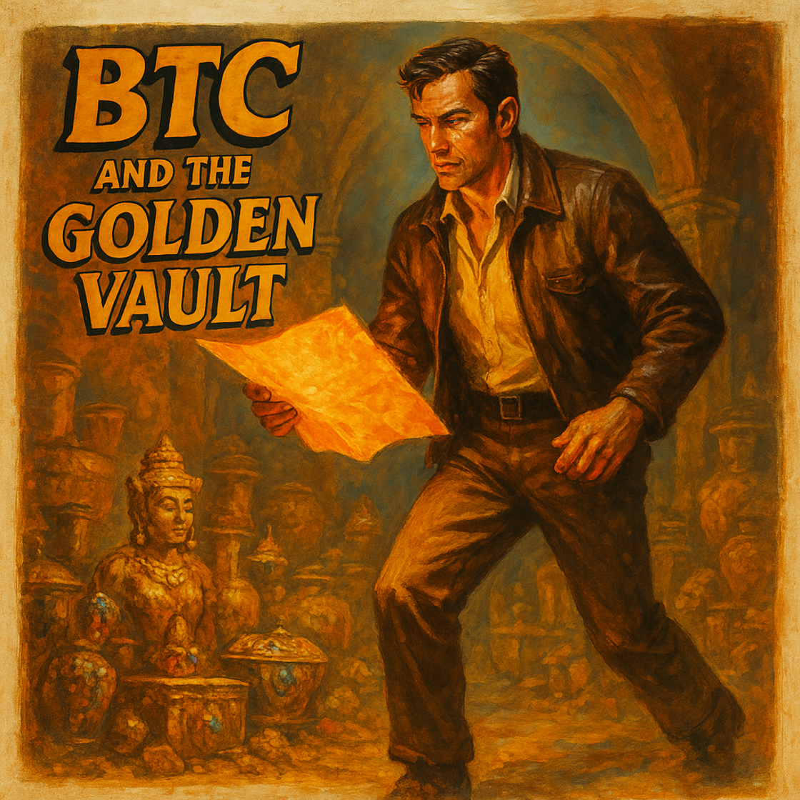 BTC trading competition on Cube Exchange, vintage treasure hunt poster style, showcasing anticipation and discovery of hidden riches. BTC trading competition on Cube Exchange, vintage treasure hunt poster style, showcasing anticipation and discovery of hidden riches.