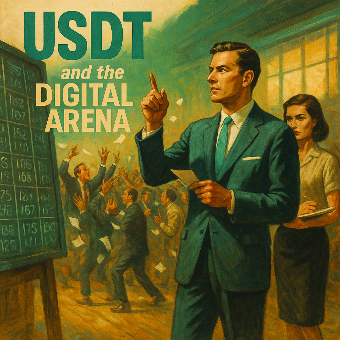 Vintage movie poster for "USDT and the Digital Arena" showcasing a trading competition on Cube Exchange with a grand spectacle theme. Vintage movie poster for "USDT and the Digital Arena" showcasing a trading competition on Cube Exchange with a grand spectacle theme.