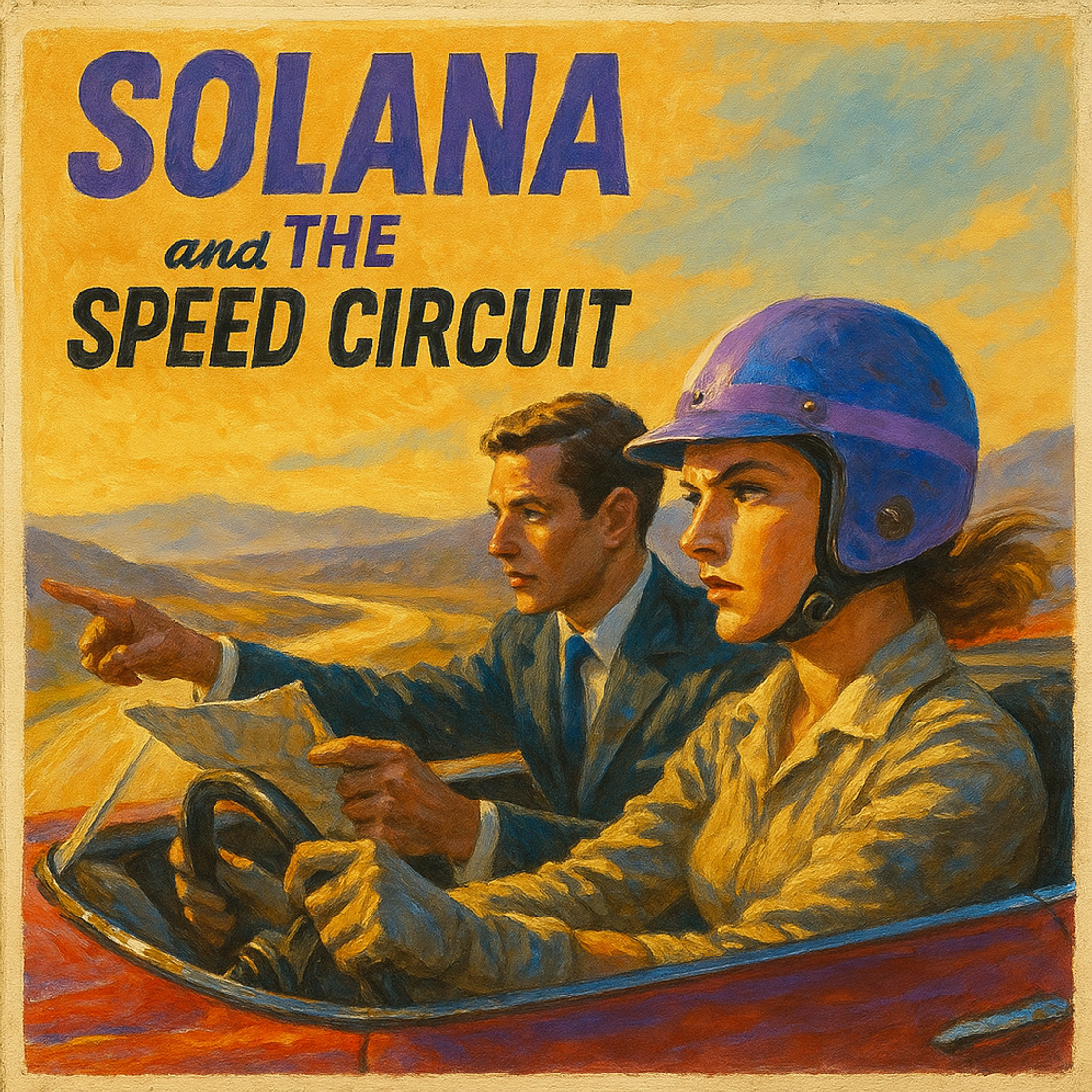 Vintage movie poster for "SOLANA and The Speed Circuit" showcasing SOL trading competition on Cube Exchange, capturing an electrifying racing scene. Vintage movie poster for "SOLANA and The Speed Circuit" showcasing SOL trading competition on Cube Exchange, capturing an electrifying racing scene.