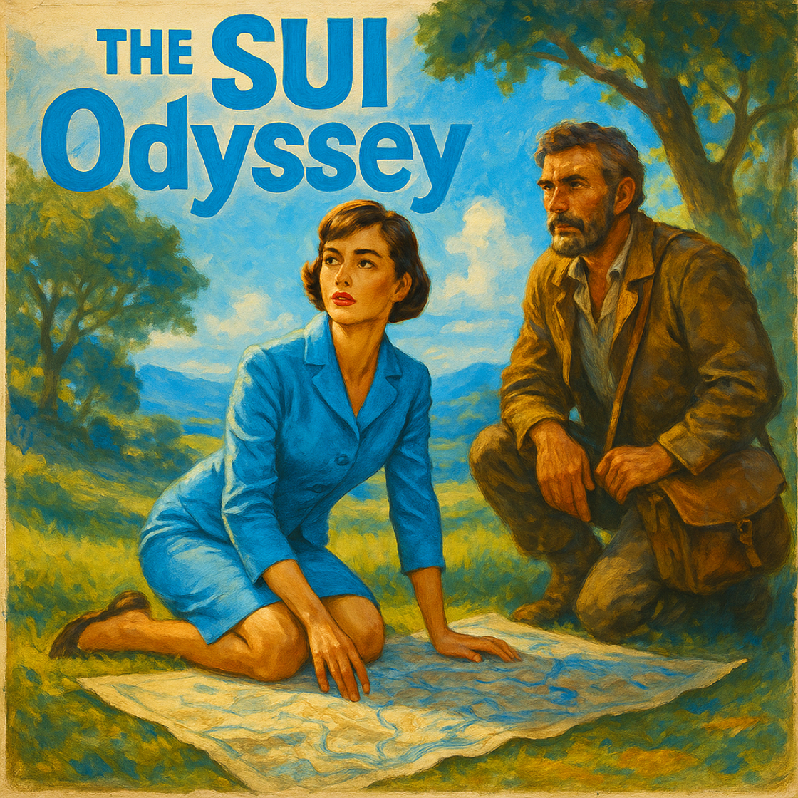 "The SUI Odyssey" vintage poster for SUI trading competition on Cube Exchange, showcasing an electrifying digital adventure scene. "The SUI Odyssey" vintage poster for SUI trading competition on Cube Exchange, showcasing an electrifying digital adventure scene.