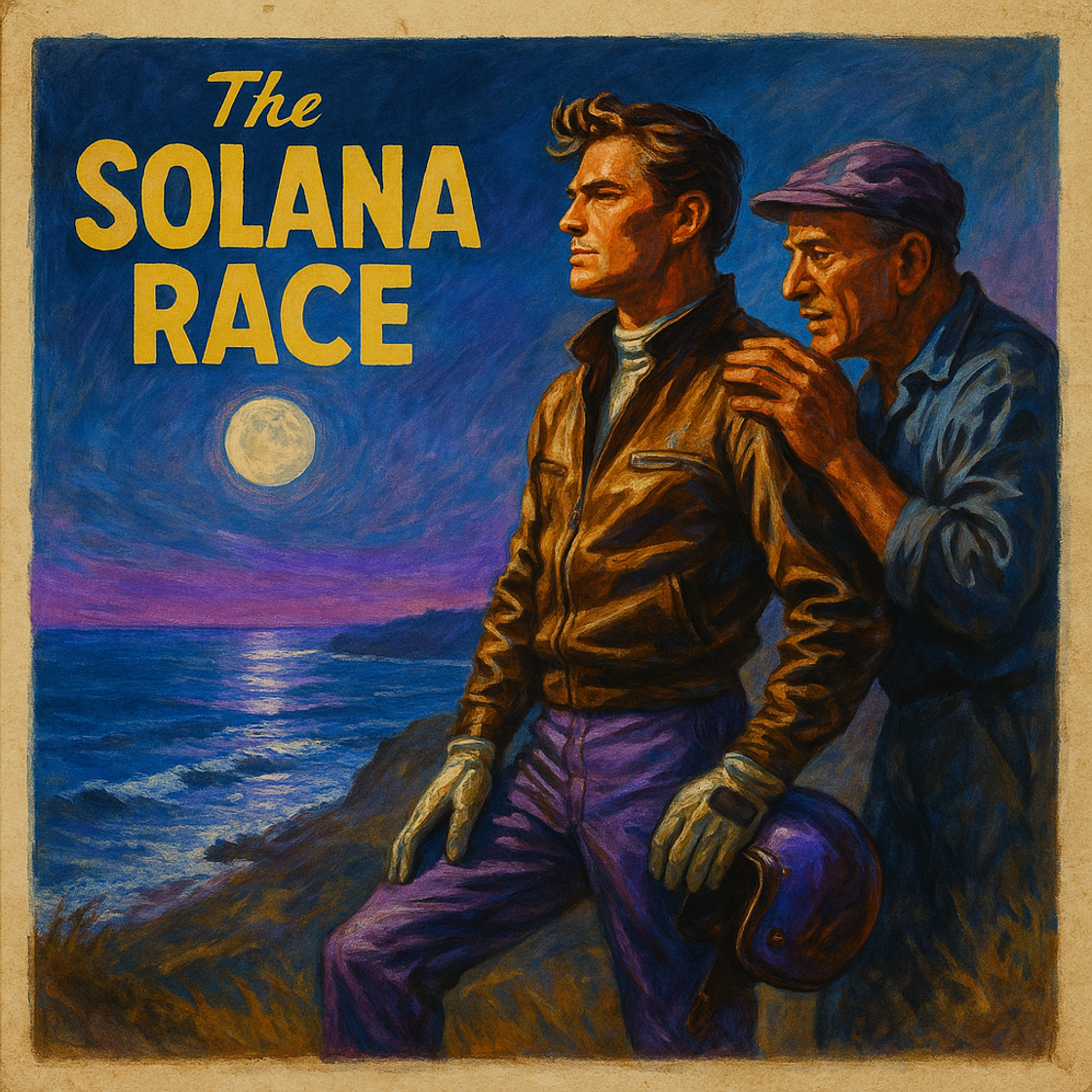 Vintage movie poster for "The SOLANA Race" featuring a thrilling racing scene, promoting SOL trading competition on Cube Exchange. Vintage movie poster for "The SOLANA Race" featuring a thrilling racing scene, promoting SOL trading competition on Cube Exchange.
