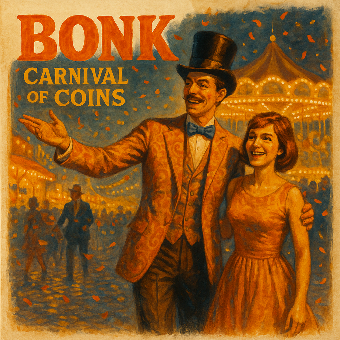 Vintage movie poster for "BONK and the Carnival of Coins" trading competition on Cube Exchange, showcasing an electrifying treasure hunt scene. Vintage movie poster for "BONK and the Carnival of Coins" trading competition on Cube Exchange, showcasing an electrifying treasure hunt scene.