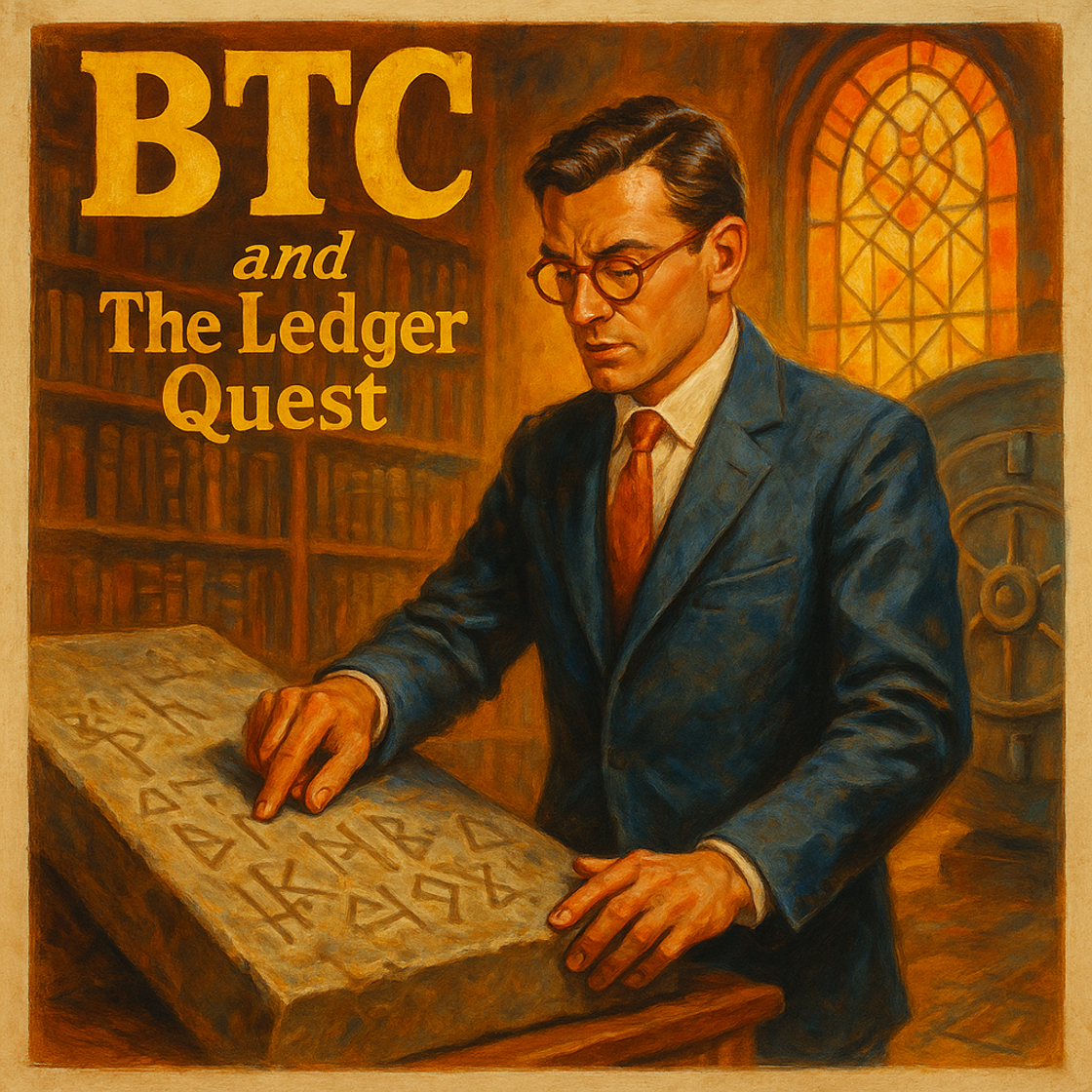BTC trading competition on Cube Exchange, vintage treasure hunt poster style, evokes discovery and excitement in "BTC and The Ledger Quest". BTC trading competition on Cube Exchange, vintage treasure hunt poster style, evokes discovery and excitement in "BTC and The Ledger Quest".